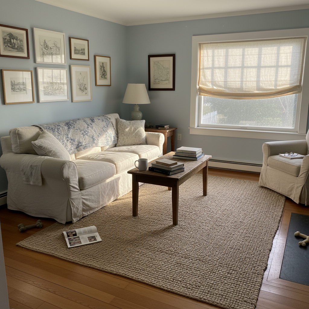 Cape Cod living room with off-white linen Roman shades