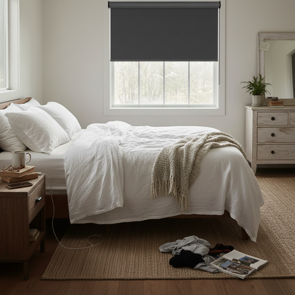 Modern farmhouse bedroom with charcoal blackout roller shades
