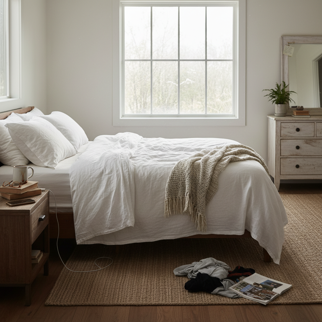 Modern farmhouse bedroom with bare window