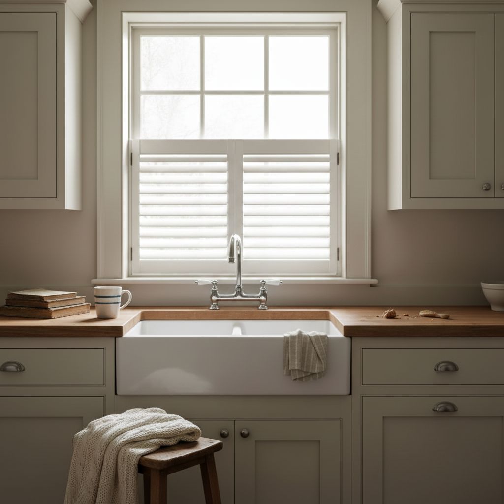 Traditional kitchen with white plantation shutters