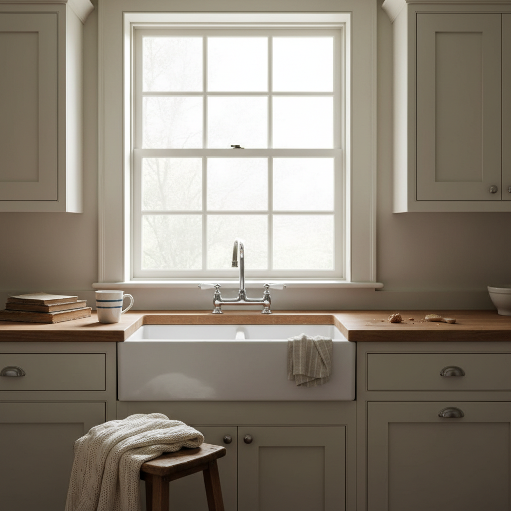 Traditional kitchen with bare window above sink