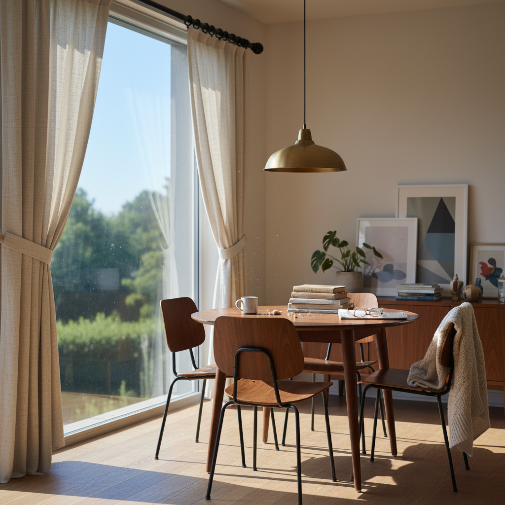Mid-century dining room with oat linen pinch-pleat drapery