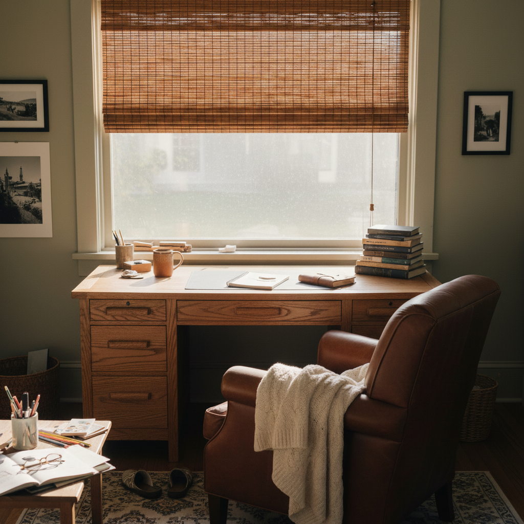 Craftsman home office with bamboo woven wood shades