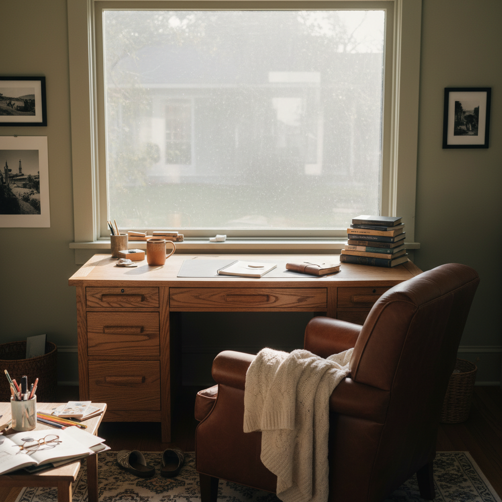 Craftsman home office with bare window