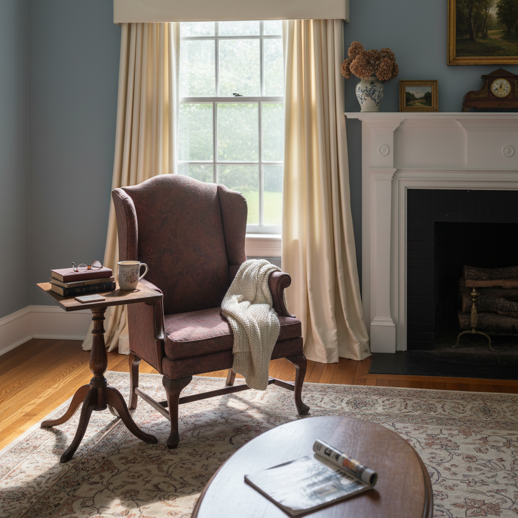 Colonial living room with ivory silk drapery panels