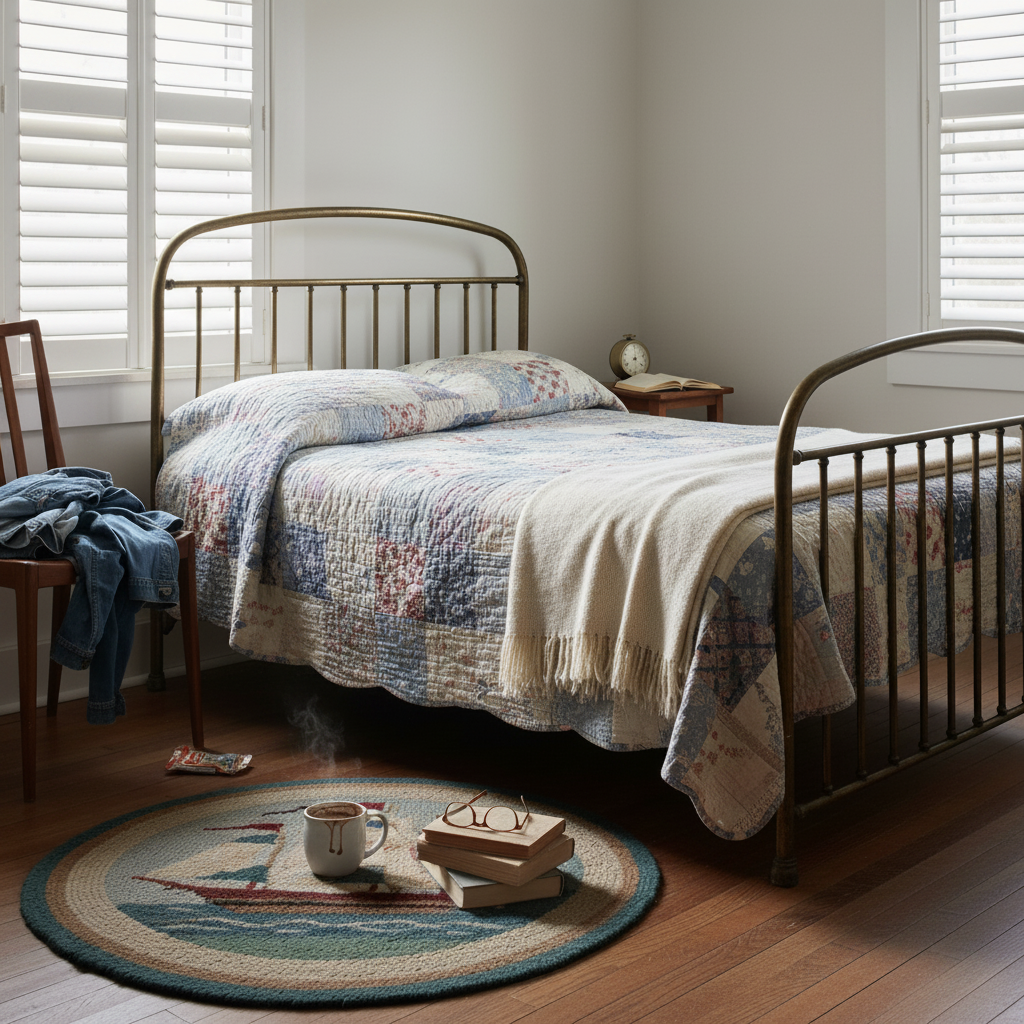 Cape Cod guest bedroom with white plantation shutters