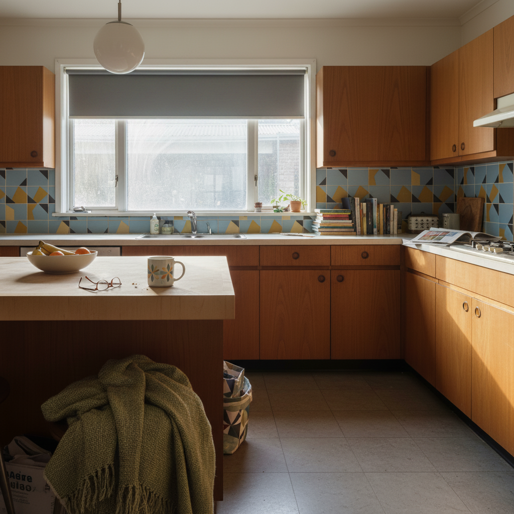 Mid-century kitchen with graphite gray solar roller shades