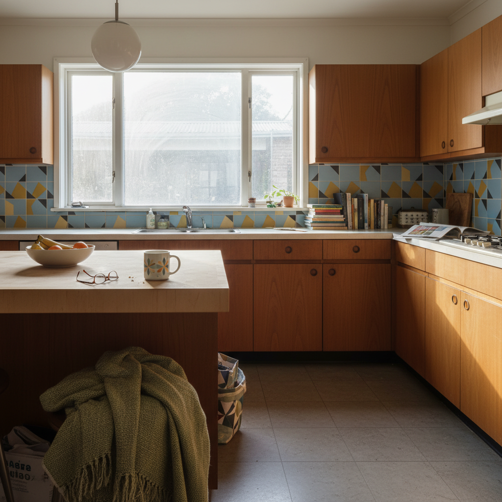 Mid-century kitchen with bare window