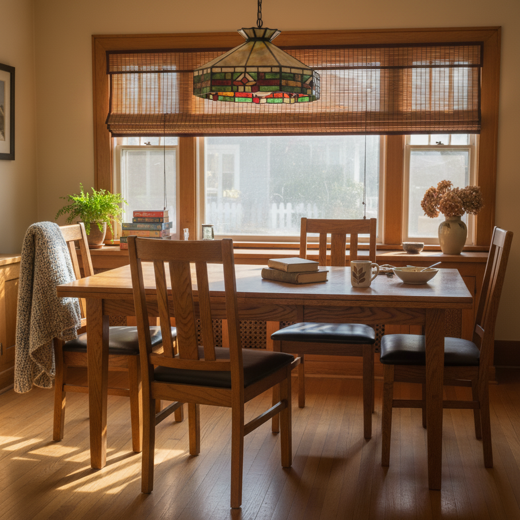 Craftsman dining room with matchstick woven wood shades