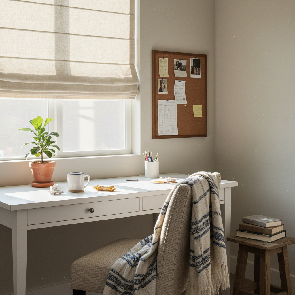 Modern farmhouse office with natural flax Roman shades