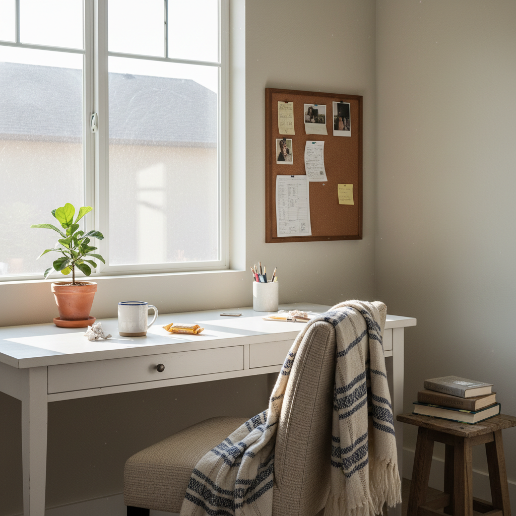 Modern farmhouse home office with bare window