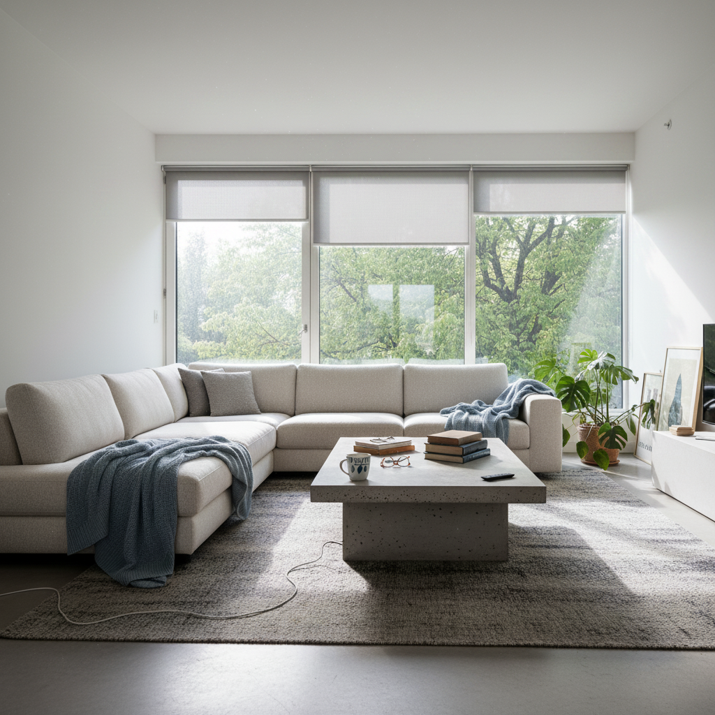 Modern living room with motorized dual roller shades in pearl gray