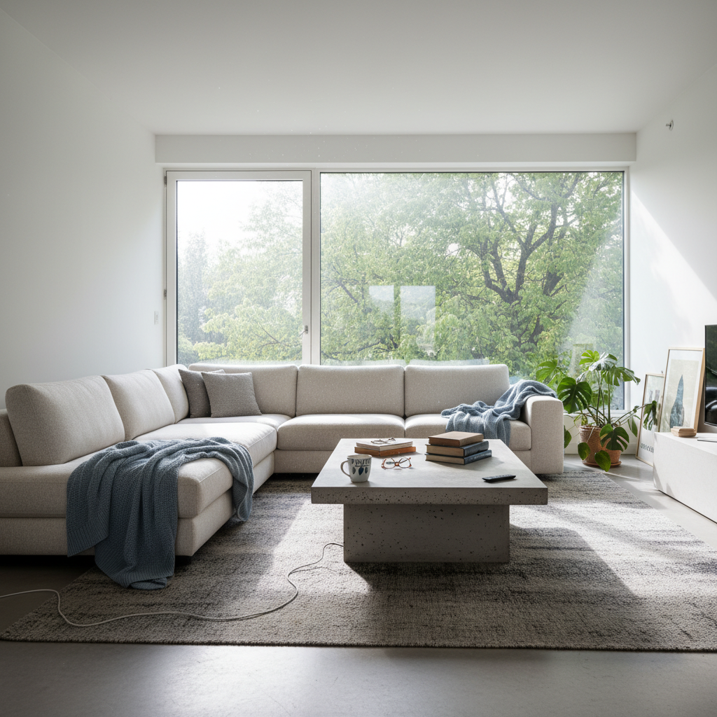 Modern open-plan living room with bare wide window
