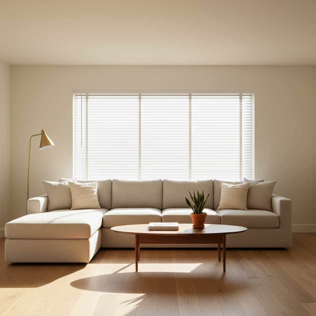 Same living room with white 2-inch wood blinds