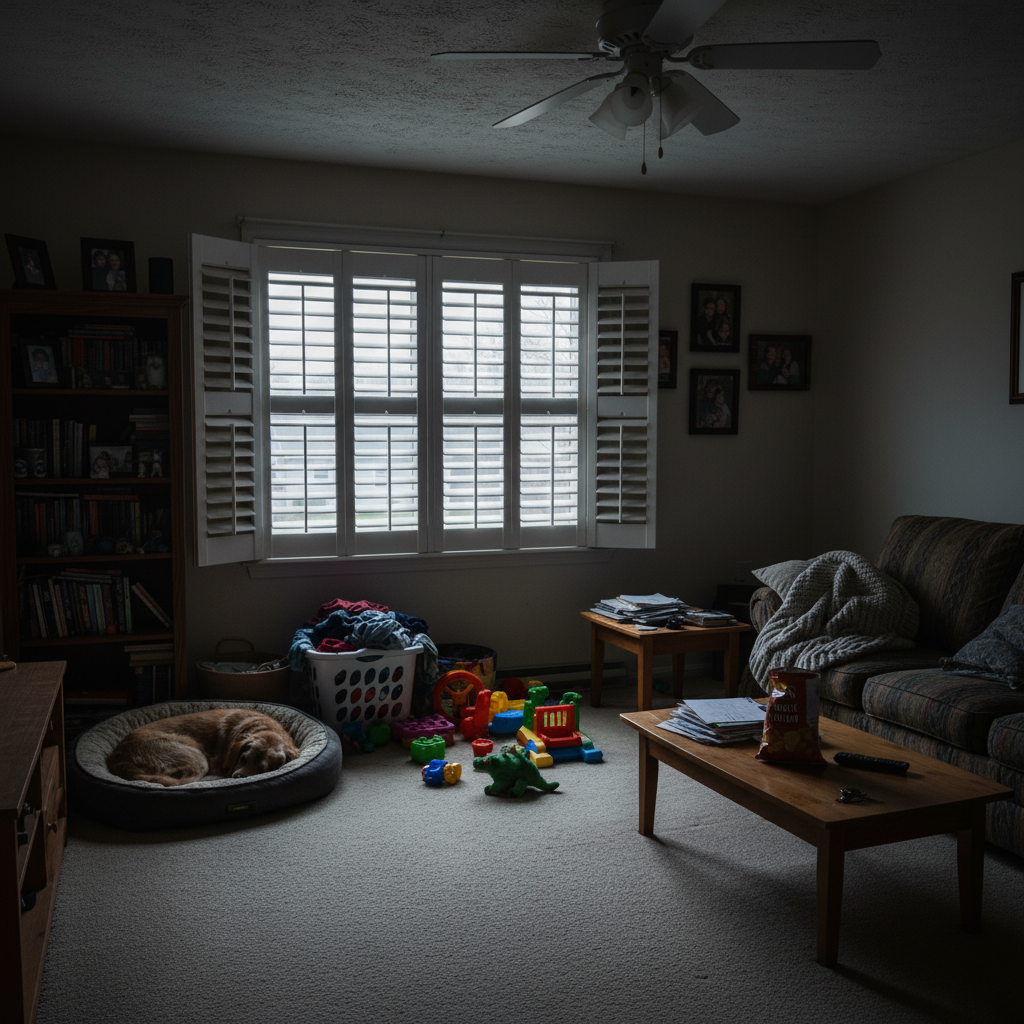 Same family room with white plantation shutters installed