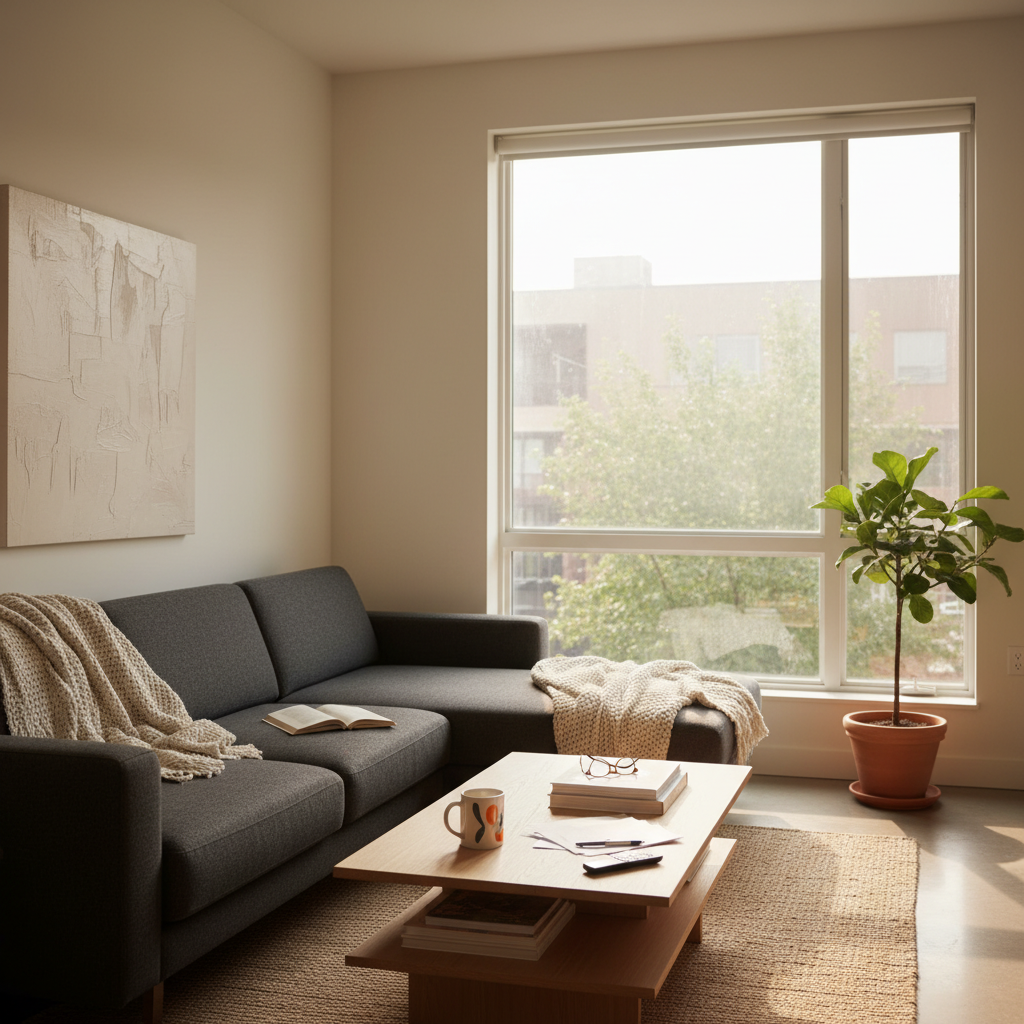Modern living room with bare wide window before motorized shades