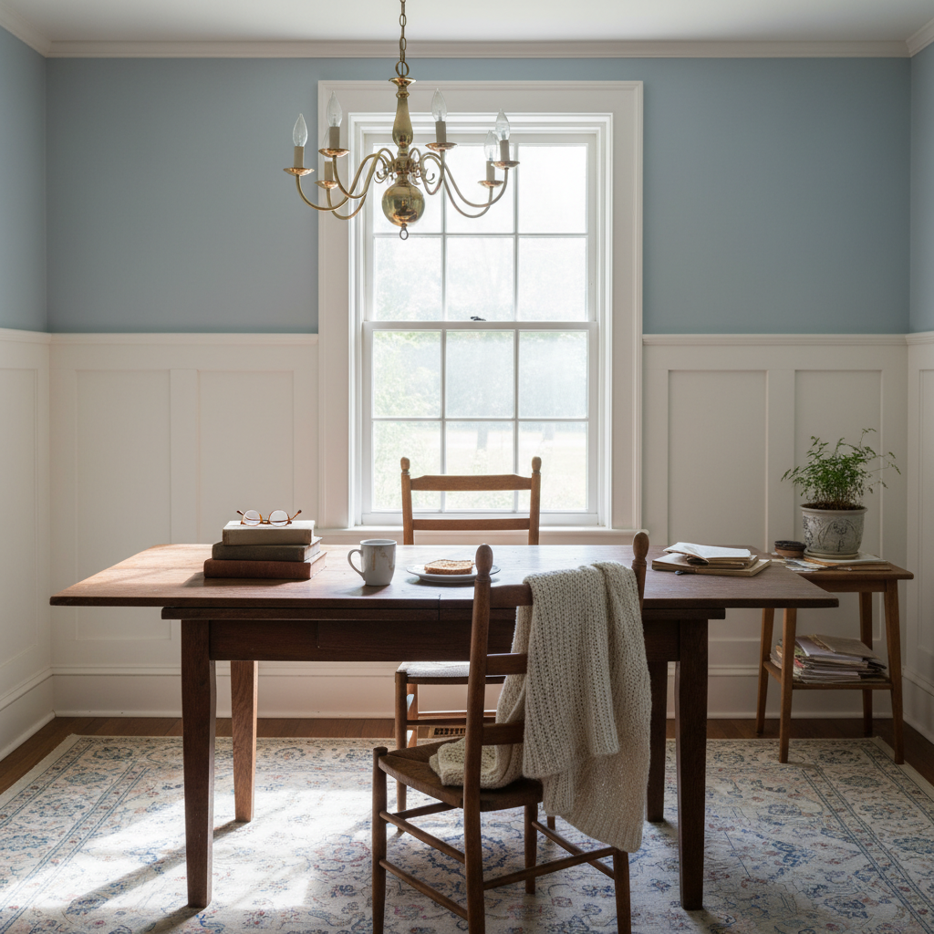 Dining room with bare window before plantation shutters