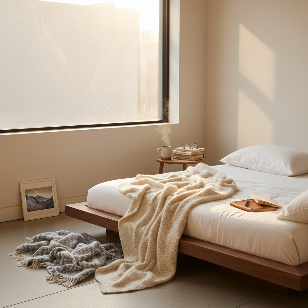 Bedroom with bare window before roller shades