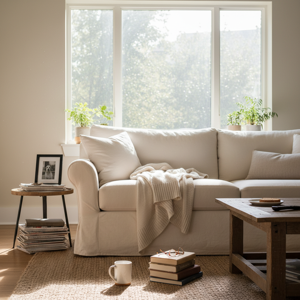 Living room with bare window before Roman shades