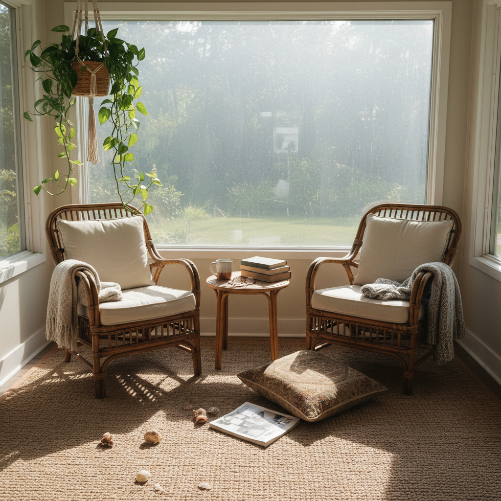 Sunroom with bare window before woven wood shades